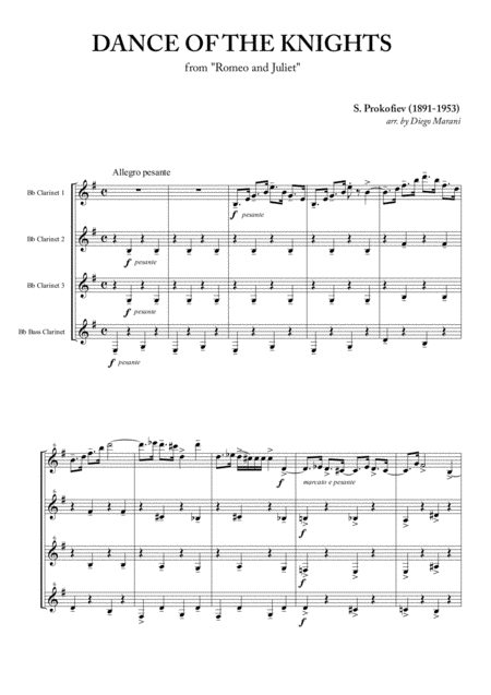 Dance Of The Knights From Romeo And Juliet For Clarinet Quartet Sheet Music