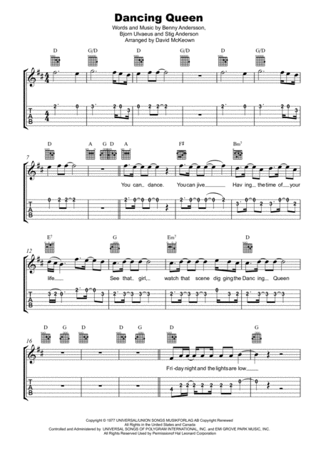 Dancing Queen Guitar Tab Notes Lyrics And Chords Sheet Music