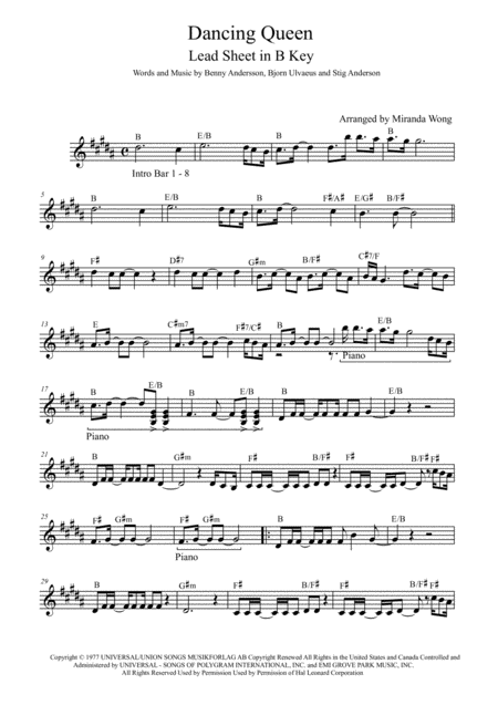Free Sheet Music Dancing Queen Lead Sheet In B Key With Chords