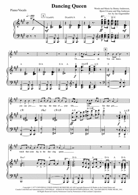 Free Sheet Music Dancing Queen Piano Vocals Chords Abba For Intermediate Advanced Piano And Singer