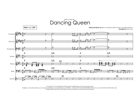 Free Sheet Music Dancing Queen Vocal With 3 Horns And Rhythm Section