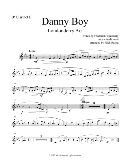 Free Sheet Music Danny Boy Clarinet Quintet Eb Bb 2 Bass C Bass Bb Clarinet 2 Part