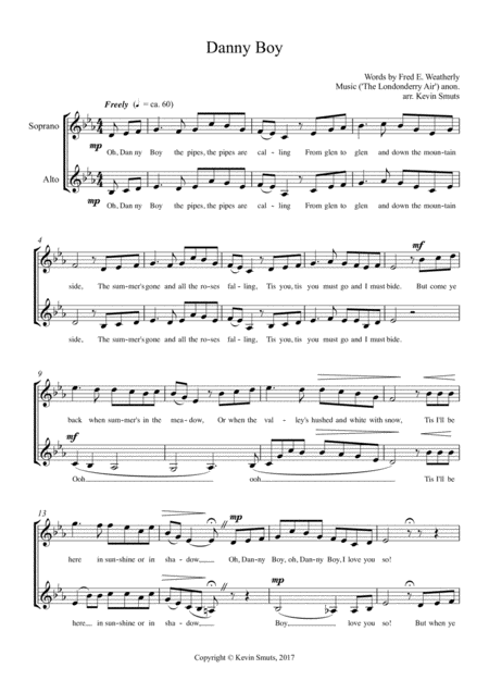 Free Sheet Music Danny Boy Duet For Soprano And Alto Singers