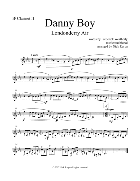 Danny Boy For Clarinet Quintet B Flat Clarinet Ii Part Sheet Music