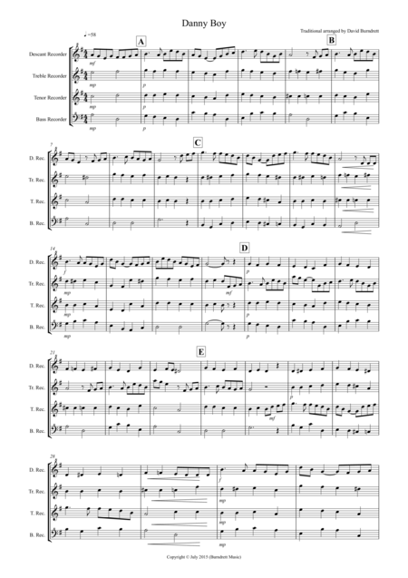 Danny Boy For Recorder Quartet Sheet Music