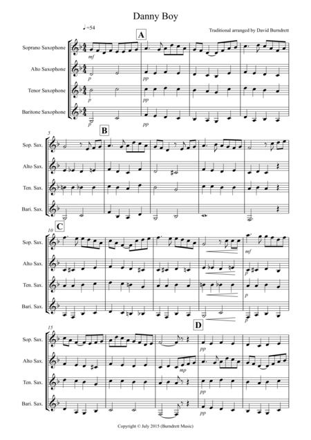 Danny Boy For Saxophone Quartet Sheet Music