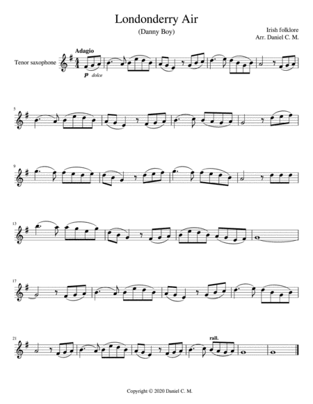 Danny Boy For Tenor Saxophone And Piano Sheet Music