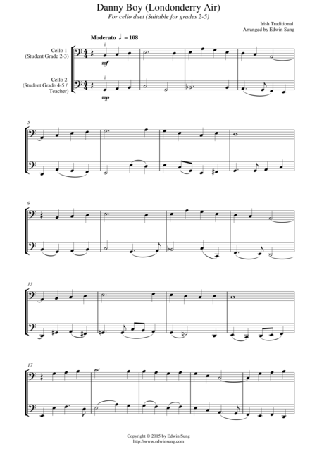 Free Sheet Music Danny Boy Londonderry Air For Cello Duet Suitable For Grades 2 5