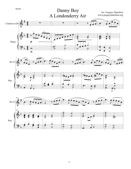 Free Sheet Music Danny Boy Londonderry Air For Intemmediate Clarinet And Piano