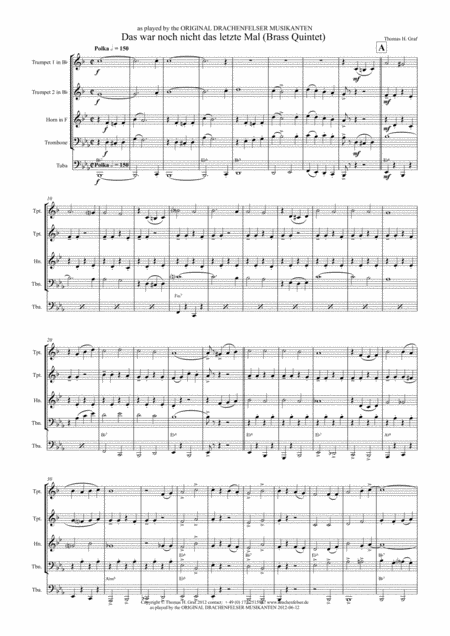 Free Sheet Music Das War Noch Nicht Das Letzte Mal German Polka Oktoberfest Brass Quintet