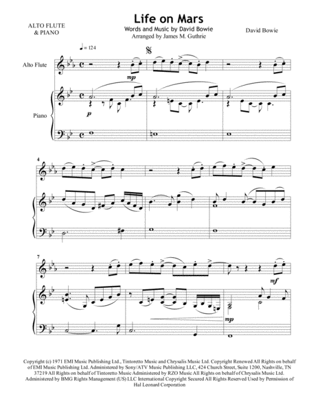 David Bowie Life On Mars For Alto Flute Piano Sheet Music