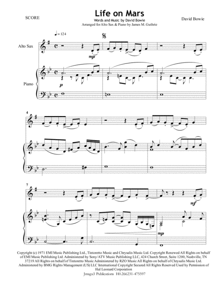 David Bowie Life On Mars For Alto Sax Piano Sheet Music