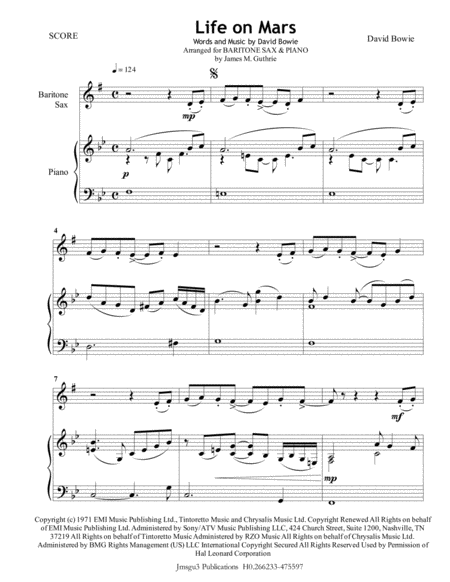 David Bowie Life On Mars For Baritone Sax Piano Sheet Music