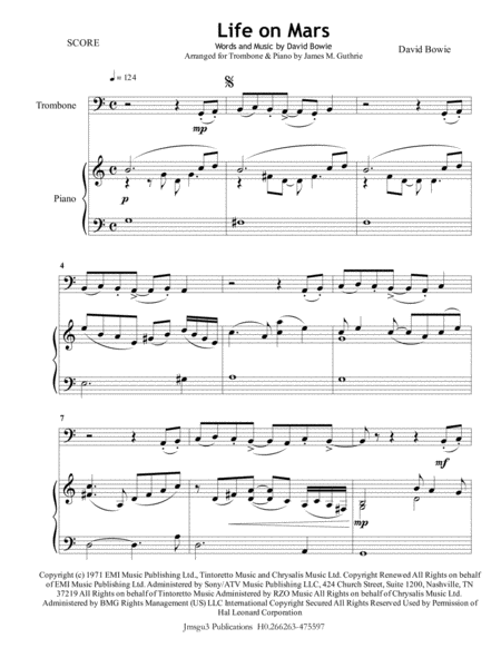 David Bowie Life On Mars For Trombone Piano Sheet Music