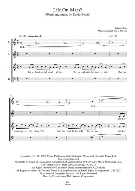 David Bowie Life On Mars Satb Sheet Music