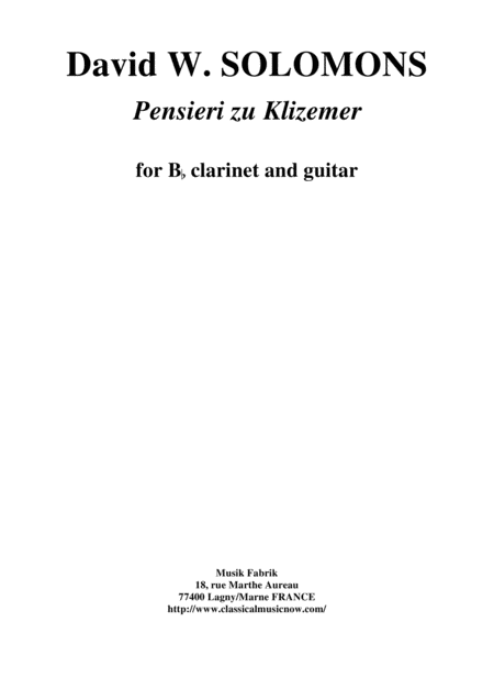 David W Solomons Pensieri Su Klizemer For Bb Clarinet And Guitar Sheet Music