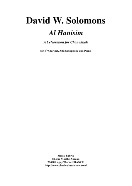 David Warin Solomons Al Hanisim A Chanukkah Celebration For Bb Clarinet Alto Saxophone And Piano Sheet Music