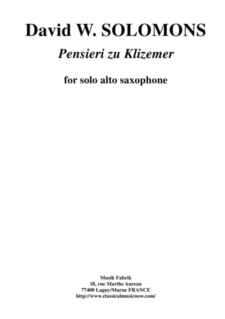 David Warin Solomons Pensieri Zu Klizemer For Solo Alto Saxophone Sheet Music