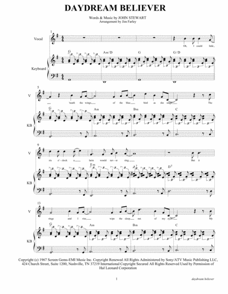 Daydream Believer Arranged For 9 Piece Horn Band Sheet Music