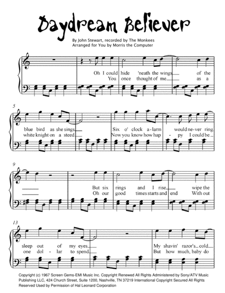 Free Sheet Music Daydream Believer For Easy Piano
