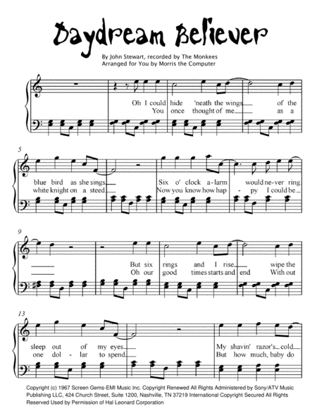 Daydream Believer For Easy Piano Sheet Music