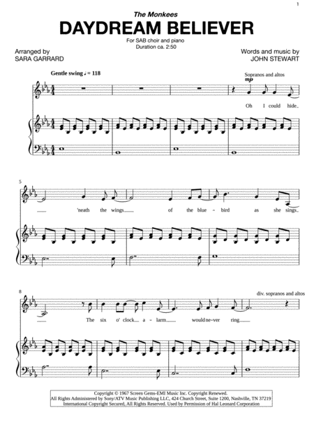 Daydream Believer Sab Sheet Music