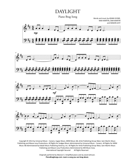 Daylight Short Piano Solo Sheet Music