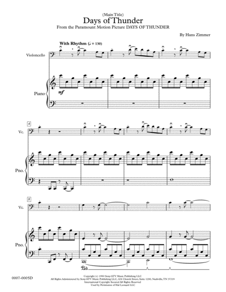 Days Of Thunder Main Title For Cello And Piano Sheet Music