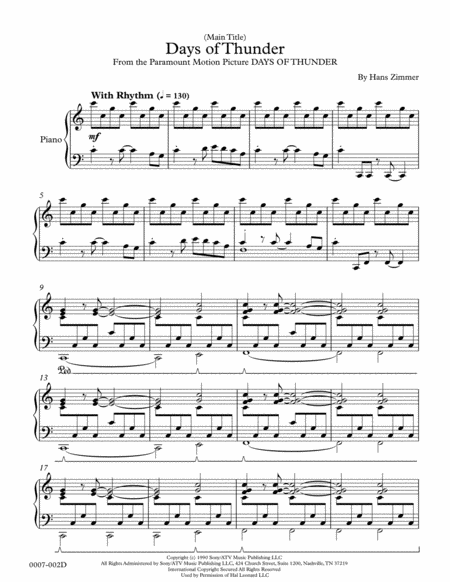 Days Of Thunder Main Title For Piano Solo Sheet Music