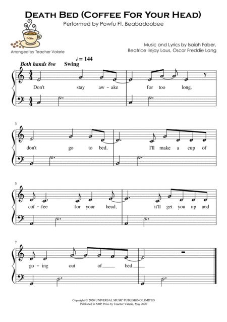 Death Bed Coffee For Your Head With Note Names And Lyrics Easy Piano Sheet Music