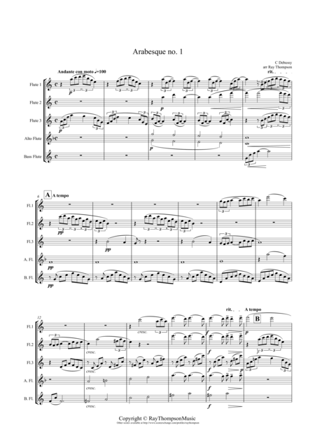 Free Sheet Music Debussy Arabesque No 1 Flute Quintet