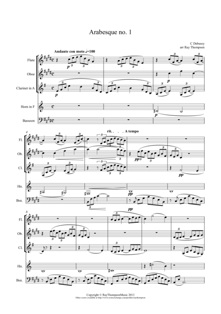 Free Sheet Music Debussy Arabesque No 1 Wind Quintet