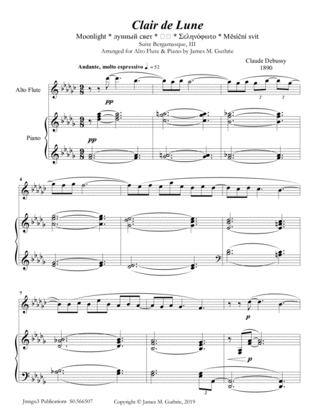 Debussy Claire De Lune For Alto Flute Piano Sheet Music