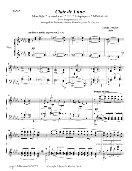 Free Sheet Music Debussy Claire De Lune For Baritone Horn Piano