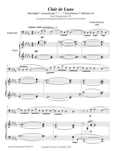 Debussy Claire De Lune For Euphonium Piano Sheet Music