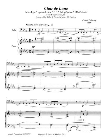 Debussy Claire De Lune For Tuba Piano Sheet Music