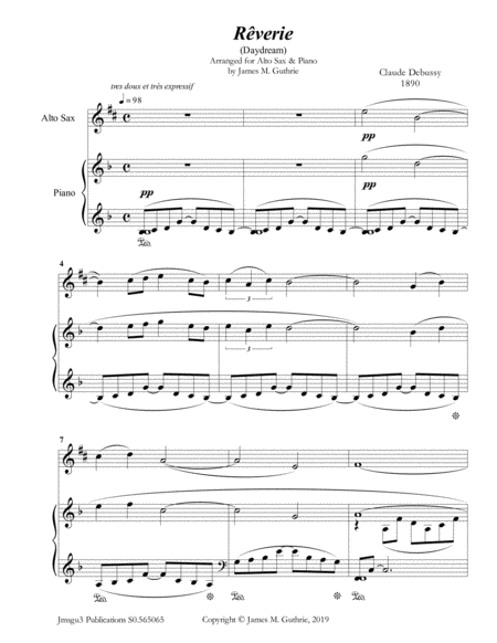 Debussy Reverie For Alto Sax Piano Sheet Music