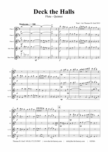 Deck The Halls Christmas Carol Polyphonic Flute Quintet Sheet Music