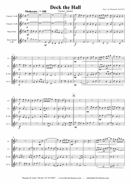 Deck The Halls Christmas Charol Polyphonic Clarinet Quartet Sheet Music