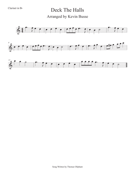 Deck The Halls Easy Key Of C Clarinet Sheet Music