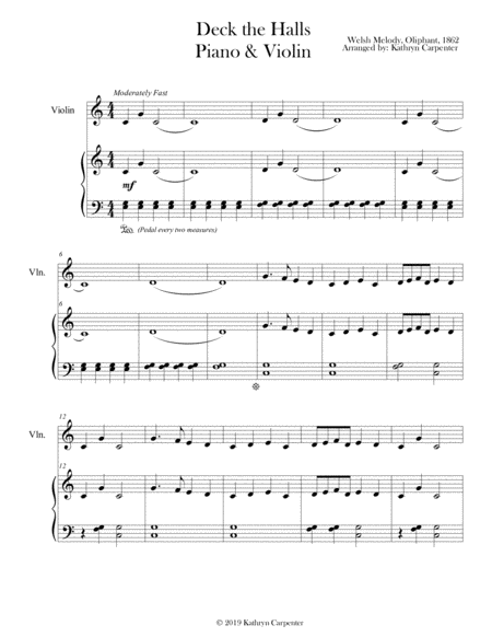 Deck The Halls Easy Piano Violin Sheet Music