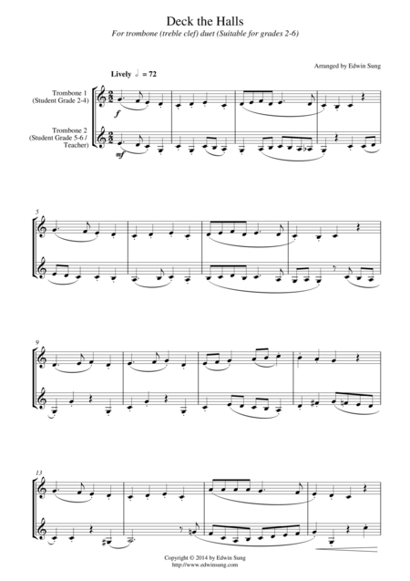 Deck The Halls For Trombone Duet Treble Clef Suitable For Grades 2 6 Sheet Music