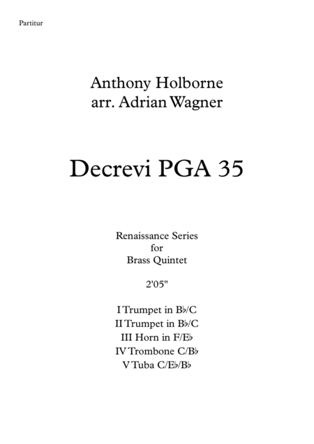 Decrevi Pga 35 Anthony Holborne Brass Quintet Arr Adrian Wagner Sheet Music