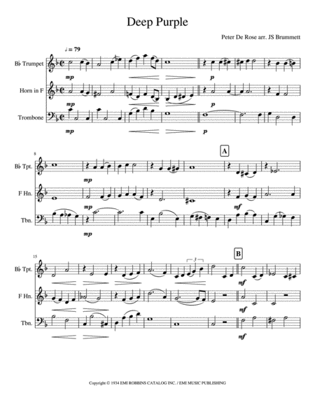 Deep Purple For Brass Trio Sheet Music