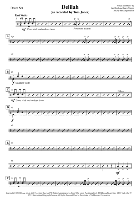 Free Sheet Music Delilah Drum Set Transcription Of The Original Tom Jones Recording