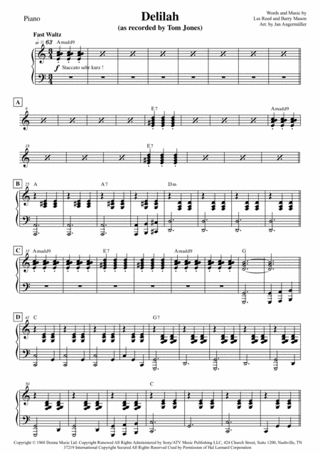 Delilah Piano Transcription Of The Original Tom Jones Recording Sheet Music