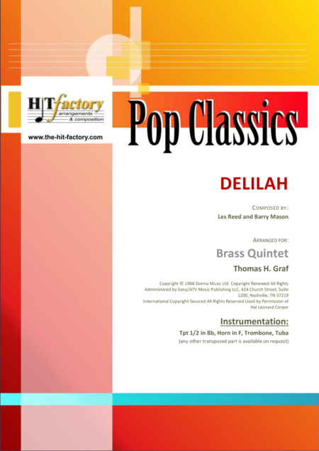 Delilah Tom Jones Classic Brass Quintet Sheet Music