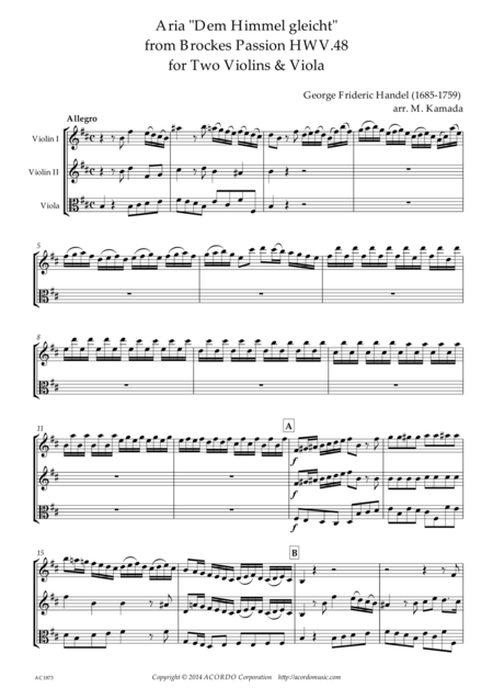 Free Sheet Music Dem Himmel Gliecht From Brockes Passion Hwv 48 For Two Violins Viola