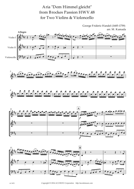 Free Sheet Music Dem Himmel Gliecht From Brockes Passion Hwv 48 For Two Violins Violoncello