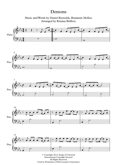 Demons By Imagine Dragons Easy Piano Sheet Music